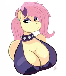 Size: 1795x2053 | Tagged: suggestive, artist:panthra78, derpibooru import, fluttershy, anthro, pegasus, big breasts, breasts, bust, busty fluttershy, clothes, collar, female, fluttergoth, g4, image, jpeg, portrait, signature, simple background, solo, solo female, spiked collar, tanktop, white background