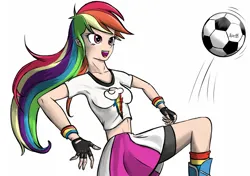 Size: 1530x1080 | Tagged: safe, artist:robin jacks, derpibooru import, rainbow dash, human, breasts, football, image, png, simple background, solo, sports, white background