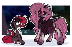 Size: 2000x1300 | Tagged: safe, artist:sadfloorlamp, derpibooru import, oc, oc:tired raspberry, oc:torsher, unofficial characters only, demon, demon pony, earth pony, lizard, lizard pony, original species, pegasus, pony, cloak, clothes, cute, duo, female, height difference, horns, image, mare, open mouth, png, satchel