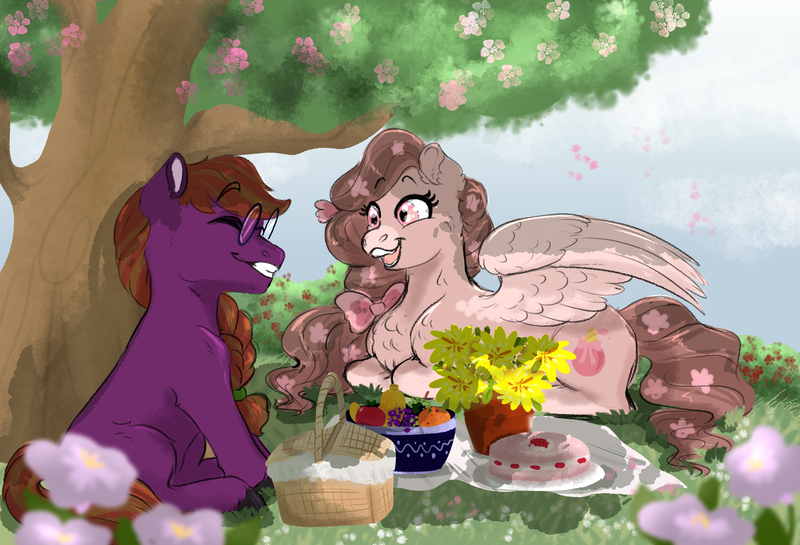 Size: 2200x1500 | Tagged: safe, artist:miyalaflordorada, derpibooru import, oc, unofficial characters only, earth pony, pegasus, pony, basket, cake, commission, duo, eyes closed, female, flower, food, fruit, fruit bowl, grin, image, lying down, male, mare, open mouth, open smile, picnic, picnic basket, picnic blanket, png, prone, sitting, smiling, stallion, tree, vase