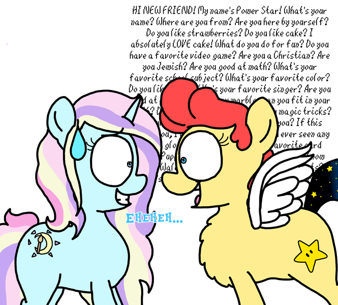 Size: 3351x3023 | Tagged: safe, artist:professorventurer, derpibooru import, oc, oc:confetti moon, oc:power star, g1, emanata, grin, hi new friend, image, motormouth, nervous, nervous grin, obscured text, png, rule 85, smiling, super mario 64, super mario bros., sweat, sweatdrop