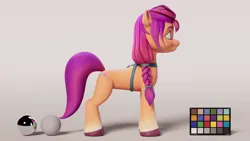 Size: 1920x1080 | Tagged: safe, artist:adrián valiente gonzález, derpibooru import, part of a set, sunny starscout, earth pony, pony, g5, my little pony: a new generation, 3d, braid, braided ponytail, coat markings, color palette, colored, concave belly, female, gradient hooves, i can't believe it's not hasbro studios, image, jpeg, looking forward, mare, ponytail, scrunchie, shading, side view, slender, socks (coat marking), solo, style emulation, sunny's bag, thin, unshorn fetlocks