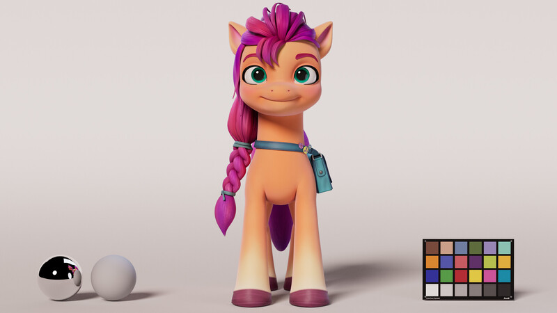 Size: 1920x1080 | Tagged: safe, artist:adrián valiente gonzález, derpibooru import, part of a set, sunny starscout, earth pony, pony, g5, my little pony: a new generation, 3d, braid, braided ponytail, coat markings, color palette, colored, eyebrows, female, front view, gradient hooves, i can't believe it's not hasbro studios, image, jpeg, looking forward, mare, ponytail, scrunchie, shading, smiling, socks (coat marking), solo, style emulation, sunny's bag, unshorn fetlocks, wide smile
