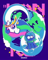 Size: 3277x4096 | Tagged: safe, artist:poxy_boxy, derpibooru import, princess celestia, princess luna, alicorn, pony, blue background, duo, duo female, earth, female, filly, high res, image, impossibly long neck, jpeg, limited palette, mare, moon, royal sisters, siblings, simple background, sisters, space, tangible heavenly object, woona, woonoggles, younger