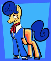 Size: 2048x2417 | Tagged: safe, artist:puddingandp1, derpibooru import, ponified, earth pony, pony, blue background, blue mane, blue tail, blushing, border, clothes, colored hooves, curly tail, eye clipping through hair, eyebrows, eyebrows visible through hair, image, jacket, lidded eyes, male, neckerchief, pants, png, pompadour, simple background, smiling, stallion, standing, tail, wally darling, wavy mouth, welcome home, yellow coat