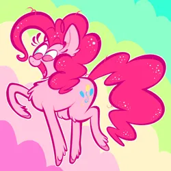 Size: 2048x2048 | Tagged: safe, artist:pudd1ngandp1, artist:puddingandp1, derpibooru import, pinkie pie, earth pony, pony, abstract background, alternate eye color, big ears, chest fluff, colored hooves, curly mane, curly tail, ear fluff, eyebrows, eyebrows visible through hair, eyelashes, female, fetlock tuft, floating eyebrows, g4, heart tongue, image, leg fluff, long mane, long tail, looking down, mare, messy mane, messy tail, open mouth, open smile, pink eyes, pink mane, pink tail, png, raised hoof, smiling, solo, sparkly mane, sparkly tail, tail