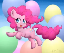 Size: 1200x1000 | Tagged: safe, artist:empyu, derpibooru import, pinkie pie, earth pony, pony, balloon, cute, diapinkes, female, image, mare, open mouth, open smile, png, pronking, signature, smiling, solo