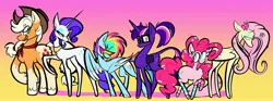 Size: 4096x1530 | Tagged: safe, artist:pudd1ngandp1, artist:puddingandp1, derpibooru import, applejack, fluttershy, pinkie pie, rainbow dash, rarity, twilight sparkle, twilight sparkle (alicorn), alicorn, earth pony, pegasus, pony, unicorn, alternate color palette, alternate design, alternate hairstyle, alternate mane color, applejack's hat, applejacked, bag, blaze (coat marking), blonde mane, blonde tail, blue eyes, butt fluff, butterfly hairpin, cheek fluff, chest fluff, clothes, coat markings, colored ears, colored hooves, colored wings, colored wingtips, concave belly, cowboy hat, curly mane, curly tail, ear fluff, ear piercing, earring, eye clipping through hair, eyebrows, eyebrows visible through hair, eyelashes, facial markings, fat, female, floating eyebrows, folded wings, g4, glasses, gradient background, green eyes, group, hair accessory, hairclip, hat, heart tongue, height difference, hoofless socks, horn, horn jewelry, horn ring, image, jewelry, jpeg, leonine tail, lidded eyes, long horn, long legs, long mane, long tail, looking back, mane six, mare, mismatched socks, multicolored hair, multicolored mane, multicolored tail, muscles, neck fluff, neckerchief, necklace, no mouth, one wing out, open mouth, open smile, orange coat, physique difference, piercing, pink coat, pink eyes, pink mane, pink tail, ponytail, profile, pudgy pie, purple coat, purple mane, purple tail, rainbow hair, rainbow tail, raised hoof, redesign, ring, ringlets, saddle bag, size difference, smiling, smoldash, socks, socks (coat marking), sparkly mane, sparkly tail, spiky mane, spiky tail, standing, striped socks, sunglasses, tail, tail accessory, tallershy, teal eyes, thin, thin legs, tied mane, tied tail, two toned wings, unicorn horn, unicorn twilight, unshorn fetlocks, wall of tags, wavy mane, wavy tail, white coat, wings, yellow coat