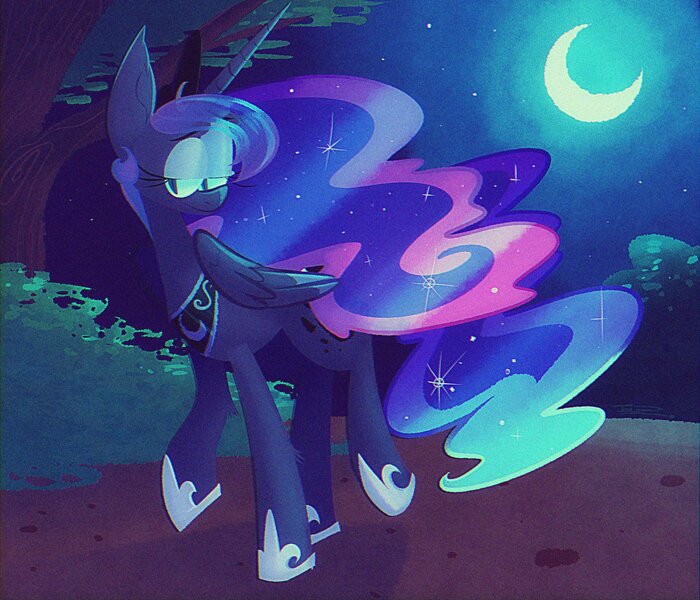 Size: 2800x2400 | Tagged: safe, artist:pudd1ngandp1, artist:puddingandp1, artist:tooni-pi, derpibooru import, princess luna, alicorn, pony, big ears, blue eyes, bush, colored wings, colored wingtips, crescent moon, crown, detailed background, dirt road, ear fluff, ethereal mane, ethereal tail, eye clipping through hair, eyelashes, female, folded wings, frown, g4, grainy, high res, hoof shoes, horn, image, jewelry, jpeg, leg fluff, lidded eyes, long horn, mare, moon, moonlight, night, peytral, princess shoes, purple coat, raised hoof, regalia, slit pupils, smiling, solo, starry mane, starry tail, tail, tiara, tree, two toned mane, two toned tail, two toned wings, unicorn horn, walking, wings