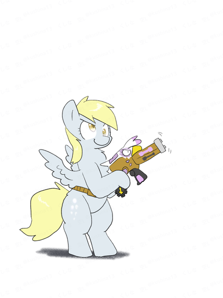 Size: 1650x2200 | Tagged: safe, artist:kushina13, derpibooru import, derpy hooves, gilda, pegasus, pony, bipedal, chest fluff, female, furrowed brow, gun, hoof hold, image, mare, objectification, png, simple background, smiling, solo, watermark, weapon, white background