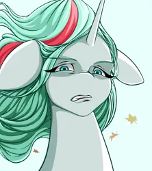 Size: 1600x1800 | Tagged: safe, artist:verskon, derpibooru import, gusty, gusty the great, pony, unicorn, bust, disgusted, female, floppy ears, horn, image, leaves, mare, png, portrait, simple background, solo, white background