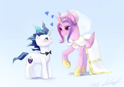 Size: 3175x2230 | Tagged: safe, artist:pawmeowpaw, derpibooru import, princess cadance, shining armor, alicorn, pony, unicorn, clothes, dress, duo, female, heart, heart eyes, height difference, horn, image, jpeg, looking at each other, looking at someone, male, mare, meme, ship:shiningcadance, shipping, simple background, smiling, stallion, straight, the bride and the ugly ass groom, toy interpretation, wedding dress, wingding eyes