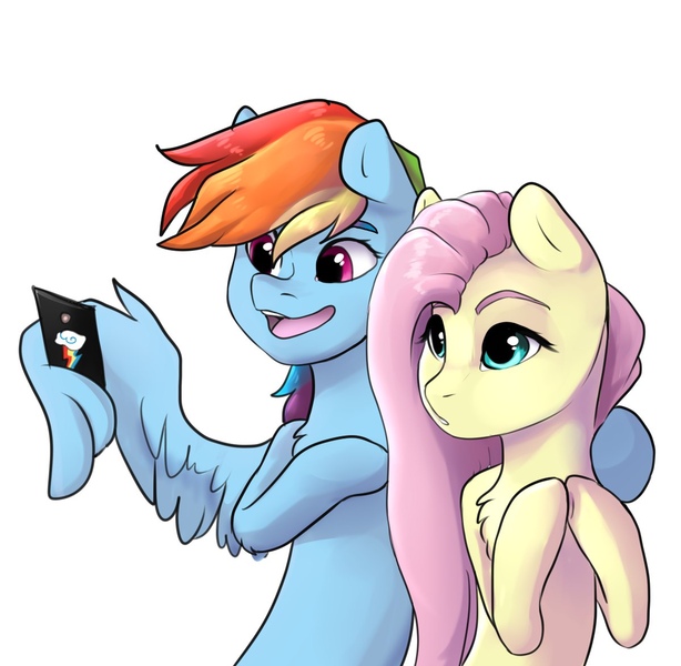 Size: 1200x1172 | Tagged: safe, artist:pawmeowpaw, derpibooru import, fluttershy, rainbow dash, pegasus, pony, bipedal, duo, female, flutterdash, hooves together, image, jpeg, lesbian, mare, mobile phone, open mouth, open smile, phone, selfie, shipping, simple background, smartphone, smiling, white background, wing hands, wings