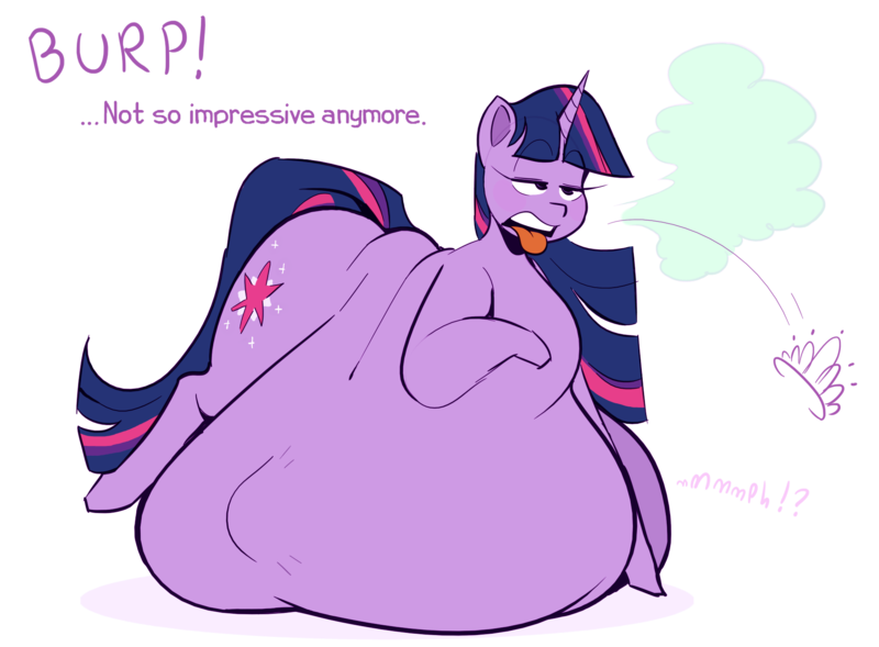Size: 1900x1400 | Tagged: suggestive, artist:polofastter, artist:secretgoombaman12345, derpibooru import, twilight sparkle, pony, unicorn, belly, belly bed, big belly, burp, burping up items, chubby diamond, fat, horn, huge belly, image, implied diamond tiara, impossibly large belly, muffled words, png, post-vore, simple background, transparent background, unicorn twilight, vore