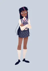 Size: 1200x1800 | Tagged: safe, artist:mayermaam, derpibooru import, twilight sparkle, human, blackwashing, blazer, clothes, dark skin, female, humanized, image, jpeg, school uniform, simple background, skirt, socks, solo, tumblr nose