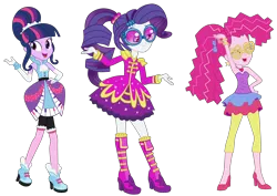 Size: 11817x8374 | Tagged: safe, derpibooru import, pinkie pie, rarity, twilight sparkle, equestria girls, friendship through the ages, g4, image, png, simple background