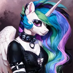 Size: 1024x1024 | Tagged: safe, ai content, derpibooru import, machine learning generated, prompter:hornyvore, princess celestia, alicorn, anthro, clothes, collar, eyeshadow, g4, goth, gothic, image, makeup, png, punklestia, solo