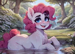 Size: 1024x728 | Tagged: safe, ai content, derpibooru import, machine learning generated, prompter:raif, stable diffusion, pinkie pie, earth pony, pony, chest fluff, ear fluff, eyebrows, eyelashes, eyeliner, female, flower, g4, generator:easyfluff v11.2, grass, grass field, heart, image, jpeg, makeup, open mouth, park, river, smiling, solo, standing, stream, water