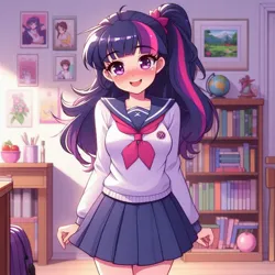 Size: 1024x1024 | Tagged: safe, ai content, derpibooru import, machine learning generated, twilight sparkle, human, adorkable, alternate hairstyle, anime, blushing, bookshelf, clothes, cute, dork, female, framed picture, furniture, g4, generator:bing image creator, generator:dall-e 3, humanized, image, indoors, japanese school uniform, jpeg, legs together, long hair, looking at you, miniskirt, pleated skirt, room, school uniform, side ponytail, skirt, smiling, smiling at you, solo, standing