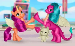 Size: 970x600 | Tagged: safe, derpibooru import, official, sparky sparkeroni, sunny starscout, alicorn, dragon, earth pony, g5, amazon, amazon.com, blaize skysong, bump, cgi, image, jpeg, maretime bay, promotional art, standing, together, toy