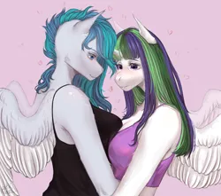 Size: 5000x4429 | Tagged: safe, artist:p i k i n a s 13, derpibooru import, oc, oc:sally whitesnow, oc:vinyl dask, unofficial characters only, alicorn, anthro, pegasus, blushing, image, love, oc x oc, png, shipping