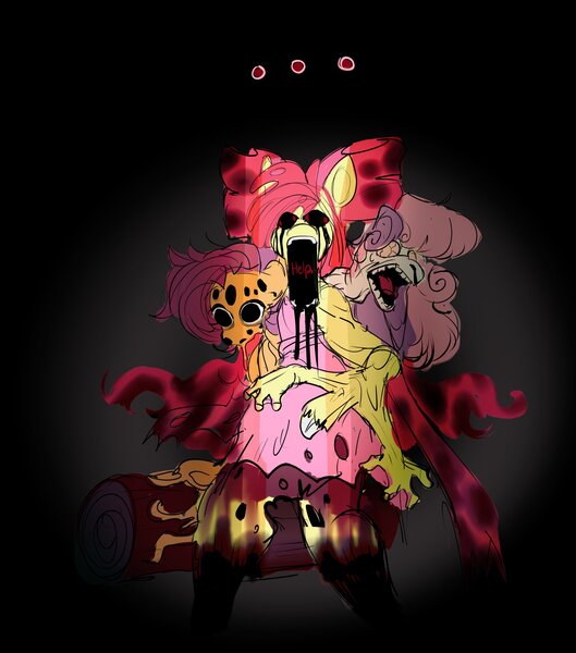 Size: 1804x2048 | Tagged: grimdark, artist:sadsatanlsdd, derpibooru import, apple bloom, scootaloo, sweetie belle, anthro, earth pony, pegasus, unicorn, ..., amalgamation, black blood, black tears, blood, body horror, bow, clothes, cutie mark crusaders, dress, female, hair bow, hooves, horn, image, implied cheerilee, infected, jpeg, mlp infection, nosebleed, ponyville schoolhouse