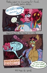 Size: 1318x2048 | Tagged: semi-grimdark, artist:sadsatanlsdd, derpibooru import, cheese sandwich, pinkie pie, earth pony, bandaid, bandaid on nose, blood, breasts, buff, busty pinkie pie, clothes, dead, dialogue, female, image, infected, jpeg, male, mlp infection, muscles, paranoid, shirt, weapon