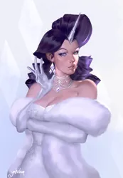 Size: 1043x1506 | Tagged: safe, artist:yahidna, derpibooru import, rarity, human, abstract background, breasts, cleavage, clothes, dress, female, fur coat, gloves, horn, horned humanization, humanized, image, png, realistic, solo