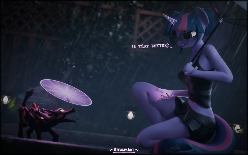 Size: 3840x2400 | Tagged: safe, artist:phenioxflame, derpibooru import, twilight sparkle, anthro, dog, timber wolf, series:field research, 3d, blender, image, magic, png, puppy, rain, text