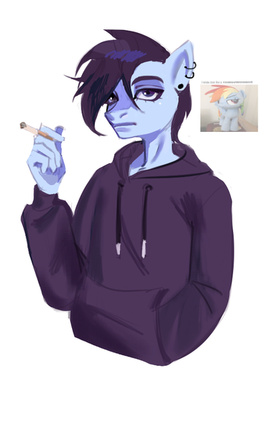 Size: 525x860 | Tagged: safe, artist:yahidna, derpibooru import, anthro, pony, cigarette, clothes, goth, hand in pocket, hoodie, image, png, sebastian (stardew valley), simple background, solo, stardew valley, white background