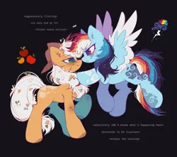 Size: 3400x3000 | Tagged: safe, artist:mirtash, derpibooru import, applejack, rainbow dash, earth pony, pegasus, pony, alternate hairstyle, alternate universe, appledash, applejack's hat, black background, cowboy hat, duo, duo male and female, female, flower, flower in hair, freckles, gritted teeth, hat, image, lesbian, male, markings, png, redesign, shipping, simple background, smiling, smirk, story included, teeth