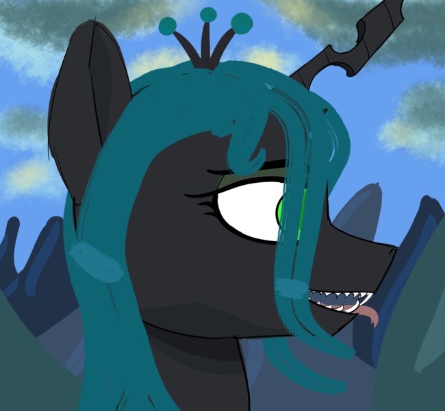 Size: 2339x2160 | Tagged: safe, artist:kujivunia, derpibooru import, queen chrysalis, changeling, changeling queen, bust, cloud, fangs, female, forked tongue, image, mountain, open mouth, png, portrait, sharp teeth, sketch, solo, teeth, tongue out