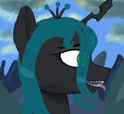 Size: 2339x2160 | Tagged: safe, artist:kujivunia, derpibooru import, queen chrysalis, pony, bust, cloud, fangs, female, forked tongue, image, mare, mountain, open mouth, png, portrait, sharp teeth, sketch, solo, teeth, tongue out