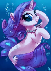 Size: 2196x3028 | Tagged: safe, artist:whitediamonds, derpibooru import, rarity, pony, seapony (g4), unicorn, blue background, blue eyes, blue mane, blue tail, bubble, commission, crepuscular rays, cute, digital art, dorsal fin, eyelashes, eyeshadow, female, fin, fish tail, flowing mane, flowing tail, g4, gem, happy, high res, horn, image, jewelry, looking at you, makeup, mare, necklace, ocean, pearl necklace, png, raribetes, scales, seaponified, seapony rarity, signature, simple background, smiling, smiling at you, solo, species swap, sunlight, swimming, tail, teeth, underwater, water