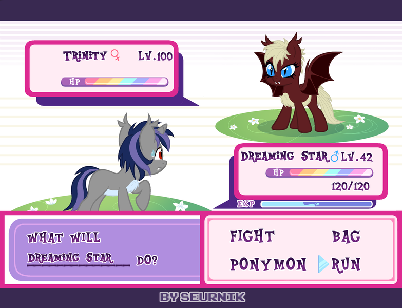 Size: 2000x1533 | Tagged: safe, artist:ghostpikachu, derpibooru import, oc, oc:dreaming star, oc:trinity, unofficial characters only, bat pony, bat pony unicorn, hybrid, pony, undead, unicorn, vampire, vampony, base used, bat pony oc, bat wings, fangs, female, high res, horn, image, male, mare, pale belly, png, pokémon, pokémon battle, ponymon, scared, spread wings, stallion, wings