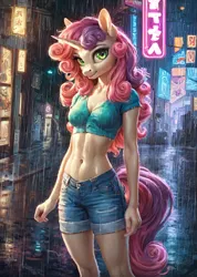 Size: 1024x1440 | Tagged: safe, ai content, derpibooru import, machine learning generated, prompter:star-dragon, stable diffusion, sweetie belle, anthro, unicorn, breasts, bust, cyberpunk, female, g4, generator:pony diffusion v6 xl, horn, image, neon, png, portrait, rain, solo