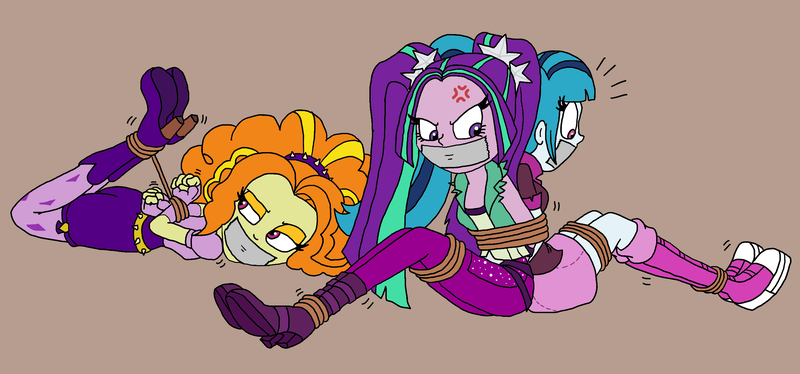 Size: 2536x1185 | Tagged: safe, artist:bugssonicx, derpibooru import, adagio dazzle, aria blaze, sonata dusk, equestria girls, g4, gag, image, png, tape, tape gag, the dazzlings, tied up