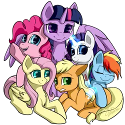 Size: 1743x1743 | Tagged: safe, artist:gleamydreams, derpibooru import, applejack, fluttershy, pinkie pie, rainbow dash, rarity, twilight sparkle, twilight sparkle (alicorn), alicorn, earth pony, pegasus, pony, unicorn, chest fluff, eyes closed, female, folded wings, g4, glow, glowing horn, gritted teeth, group, horn, image, looking at you, lying down, magic, magic aura, mane six, mare, open mouth, open smile, png, prone, sextet, signature, simple background, smiling, smiling at you, spread wings, teeth, telekinesis, transparent background, underhoof, wings