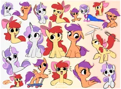 Size: 2723x2000 | Tagged: safe, artist:syrupyyy, derpibooru import, apple bloom, scootaloo, sweetie belle, earth pony, pegasus, pony, unicorn, for whom the sweetie belle toils, the cutie pox, 5-year-old sweetie belle, accessory swap, apple bloom's bow, blushing, bow, buy some apples, cutie mark crusaders, emanata, eye clipping through hair, eyes closed, female, filly, foal, g4, gradient background, hair bow, high res, horn, image, open mouth, open smile, png, scooter, sitting, smiling, trio