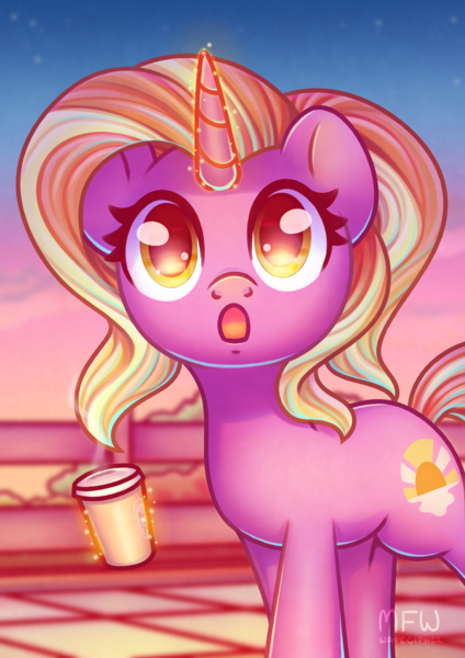 Size: 2480x3508 | Tagged: safe, artist:musicfirewind, derpibooru import, luster dawn, pony, unicorn, the last problem, :o, coffee cup, cup, cute, female, fence, g4, glow, glowing horn, high res, horn, image, levitation, looking at you, lusterbetes, magic, magic aura, mare, open mouth, outdoors, png, solo, telekinesis