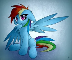 Size: 2255x1857 | Tagged: safe, artist:n_thing, derpibooru import, rainbow dash, pegasus, pony, abstract background, chest fluff, female, floppy ears, g4, image, looking at you, mare, png, sitting, smiling, smiling at you, solo, spread wings, wings