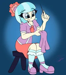 Size: 3700x4200 | Tagged: suggestive, artist:digi1talpho3nix, derpibooru import, coco pommel, human, equestria girls, breasts, clothes, female, g4, humanized, image, png, sewing, sitting, skirt