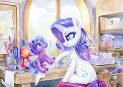 Size: 1551x1100 | Tagged: safe, artist:maytee, derpibooru import, rarity, pony, unicorn, g4, horn, image, plushie, png, sewing machine, sewing needle, solo, table, traditional art