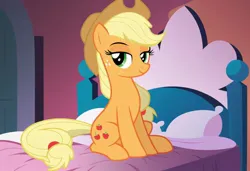 Size: 1216x832 | Tagged: safe, ai content, derpibooru import, machine learning generated, prompter:harvydraws, stable diffusion, applejack, earth pony, pony, bed, bedroom eyes, cowboy hat, cute, cutie mark, freckles, generator:pony diffusion v6 xl, hat, image, jpeg, looking at you, on bed, show accurate, sitting, sitting on bed, smiling, smiling at you, solo