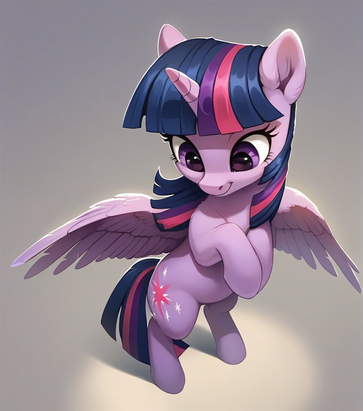 Size: 1808x2048 | Tagged: safe, ai content, derpibooru import, machine learning generated, prompter:ramprover, stable diffusion, twilight sparkle, twilight sparkle (alicorn), alicorn, pony, bipedal, cute, ear fluff, female, g4, generator:pony diffusion v6 xl, high angle, horn, image, looking down, mare, png, simple background, smiling, solo, spread wings, wings