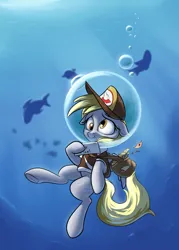 Size: 2000x2800 | Tagged: safe, artist:rocket-lawnchair, derpibooru import, derpy hooves, dolphin, fish, pegasus, pony, bag, bubble, bubble helmet, bubble on head, crepuscular rays, digital art, female, fins, fish tail, flowing mane, flowing tail, g4, hat, high res, image, letter, mailbag, mailmare, mailmare hat, mailmare uniform, mare, ocean, png, solo, sunlight, swimming, tail, underwater, water, yellow mane, yellow tail