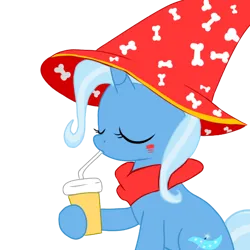 Size: 512x512 | Tagged: safe, derpibooru import, trixie, pony, unicorn, cutie mark, drinking straw, eyes closed, hat, horn, image, markings, png, red hat, red scarf, simple background, sitting, solo, transparent background, vector, yellow cup