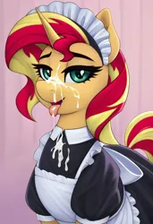 Size: 832x1216 | Tagged: suggestive, ai content, derpibooru import, machine learning generated, stable diffusion, sunset shimmer, pony, unicorn, bedroom eyes, clothes, cum, facial, female, g4, generator:pony diffusion v6 xl, generator:purplesmart.ai, high res, horn, image, jpeg, maid, maid headdress, prompter:lerkyboy, solo, solo female, tongue out