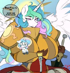 Size: 3684x3832 | Tagged: safe, artist:polofastter, artist:thelunarmoon, derpibooru import, princess celestia, oc, oc:lunar moon, alicorn, anthro, pony, unicorn, armor, big breasts, black and white, breasts, busty princess celestia, dialogue, don't talk to me or my son ever again, duo, duo male and female, female, frown, g4, grayscale, high res, holding a pony, horn, huge breasts, image, lidded eyes, looking at you, male, mare, meme, monochrome, mother and child, mother and son, offspring, parent:princess celestia, png, saint celestine, signature, simple background, speech bubble, spread wings, sword, talking to viewer, warhammer (game), warhammer 40k, weapon, white background, wings