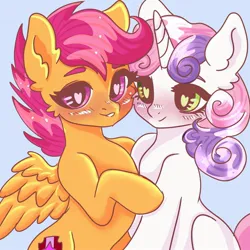 Size: 2048x2048 | Tagged: safe, artist:selkie_bug, artist:selkiebug, derpibooru import, scootaloo, sweetie belle, pegasus, pony, unicorn, blue background, blushing, colored eyebrows, cute, cutealoo, cutie mark, diasweetes, duo, duo female, eyebrows, female, g4, heart, heart eyes, high res, horn, image, jpeg, lesbian, mare, missing cutie mark, older, older scootaloo, older sweetie belle, ship:scootabelle, shipping, simple background, smiling, spread wings, the cmc's cutie marks, wingding eyes, wings